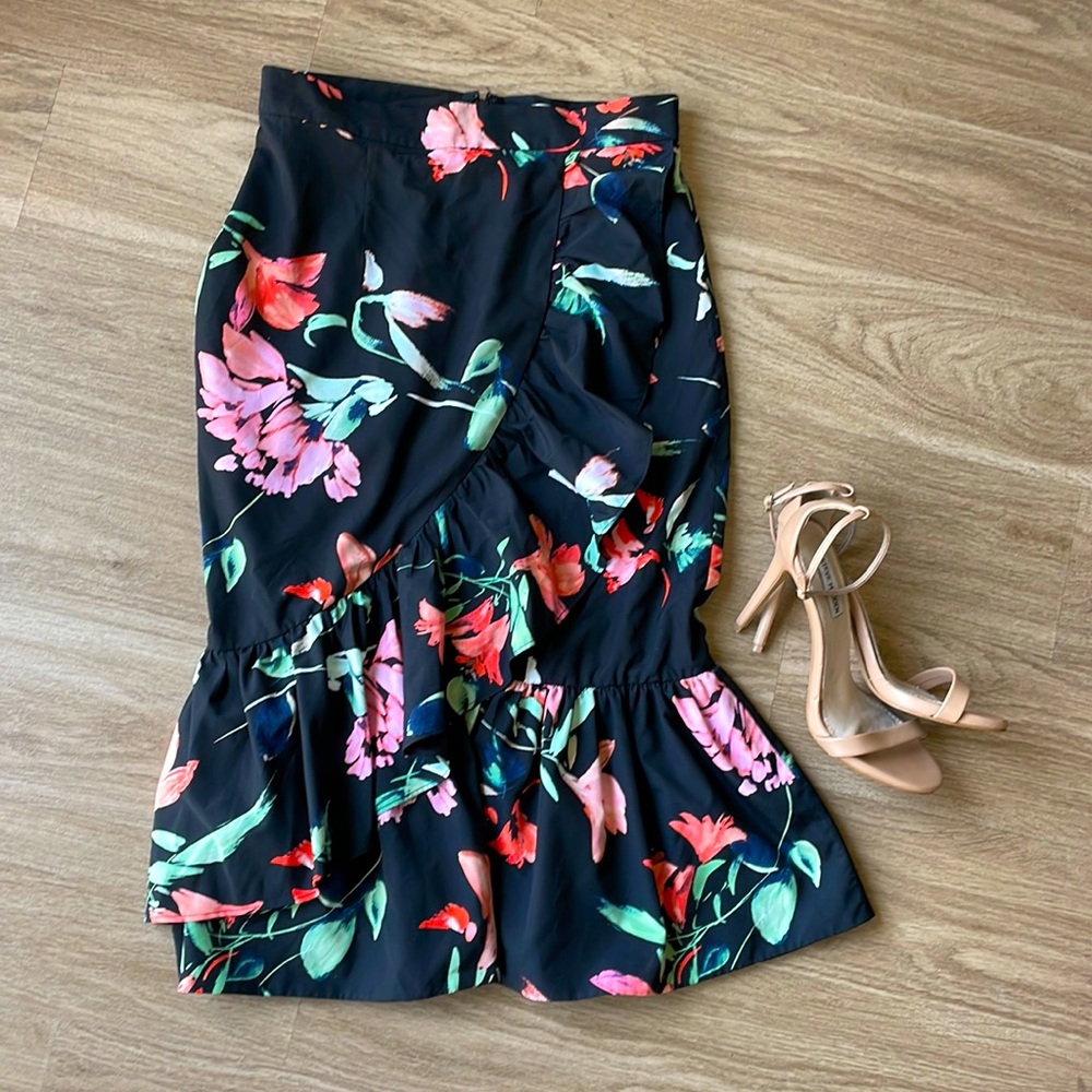 Eliza J Black Floral Taffeta Ruffle Flouncy Skirt
